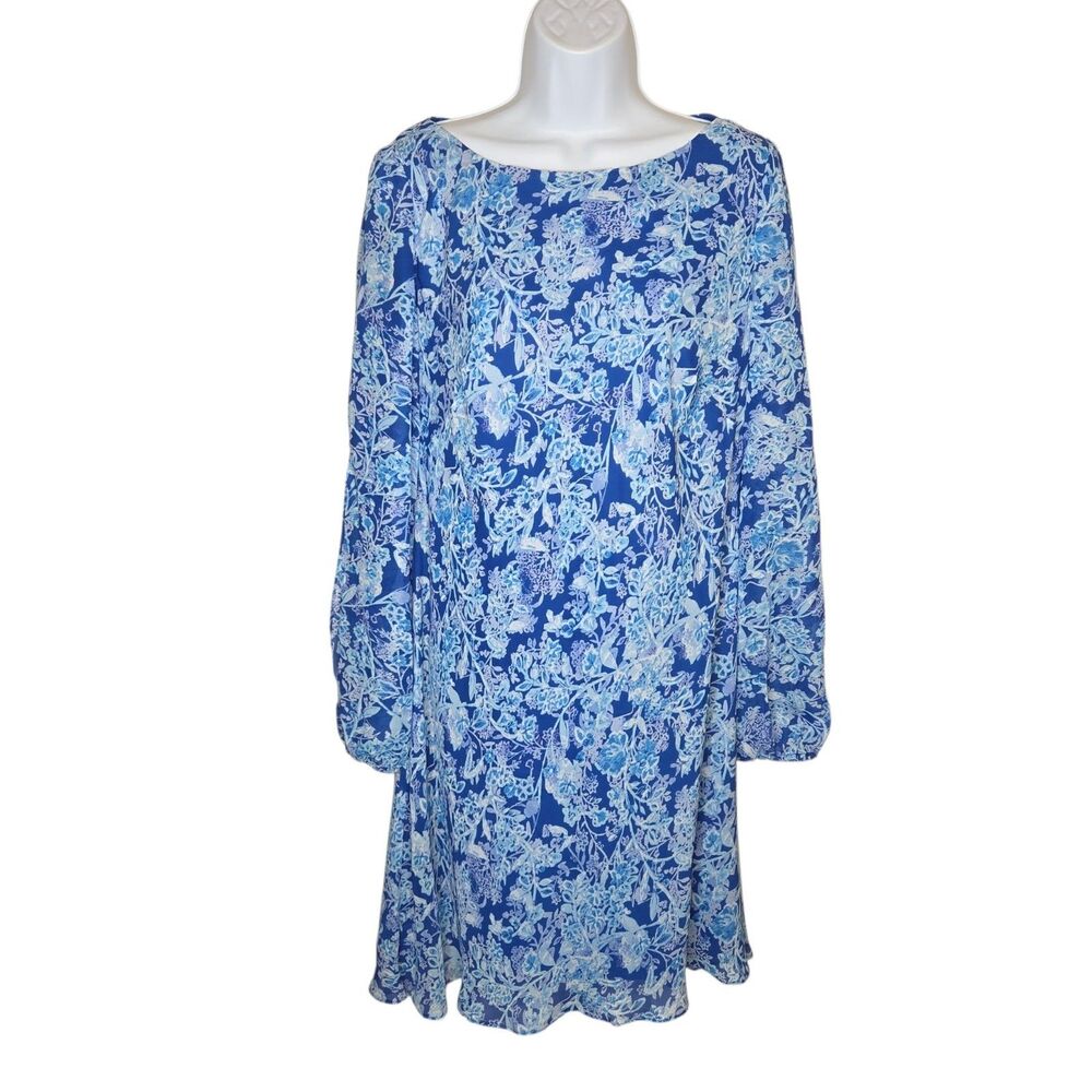 American Living Blue Floral Print Long Sleeve Shift Dress Size 12